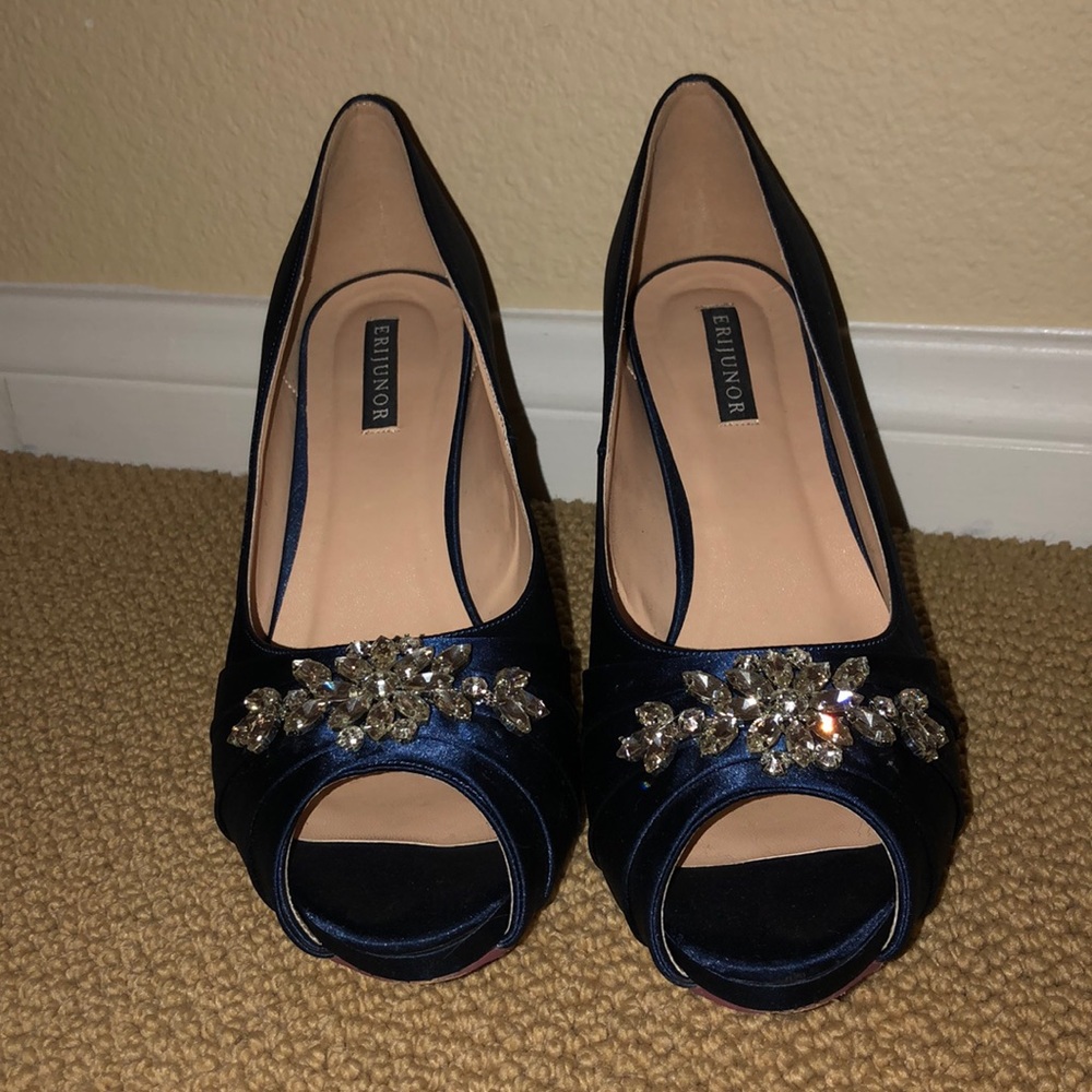 Satin blue peep toe pumps with rhinestones